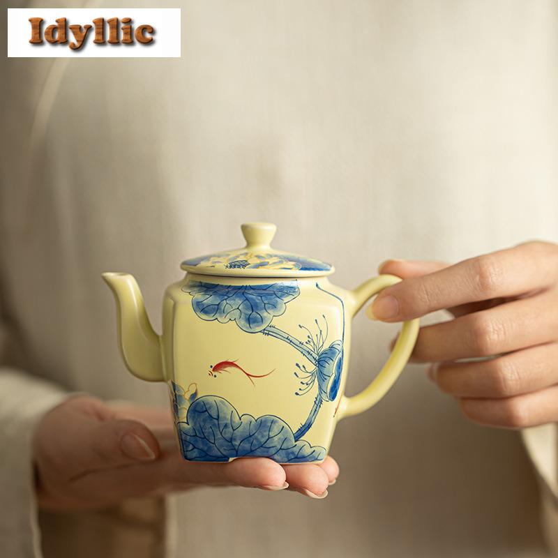 200ml Ru Kiln Yellow Fish Playing In Lotus Pond Square Teapot Traditional Tea Infuser Pot Tea Maker Kettle With Strainer Craft