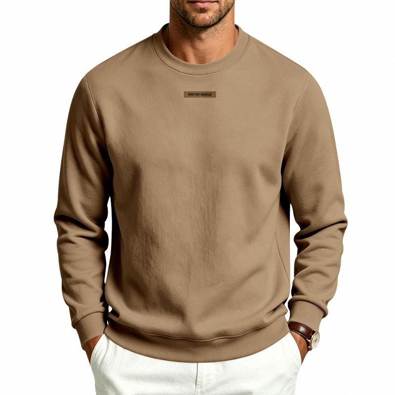 Men's Crew Neck Sweatshirt Solid Color Long Sleeve Pullover Top with Small Chest Label Casual Loose Fit Daily Wear Sweatshirt
