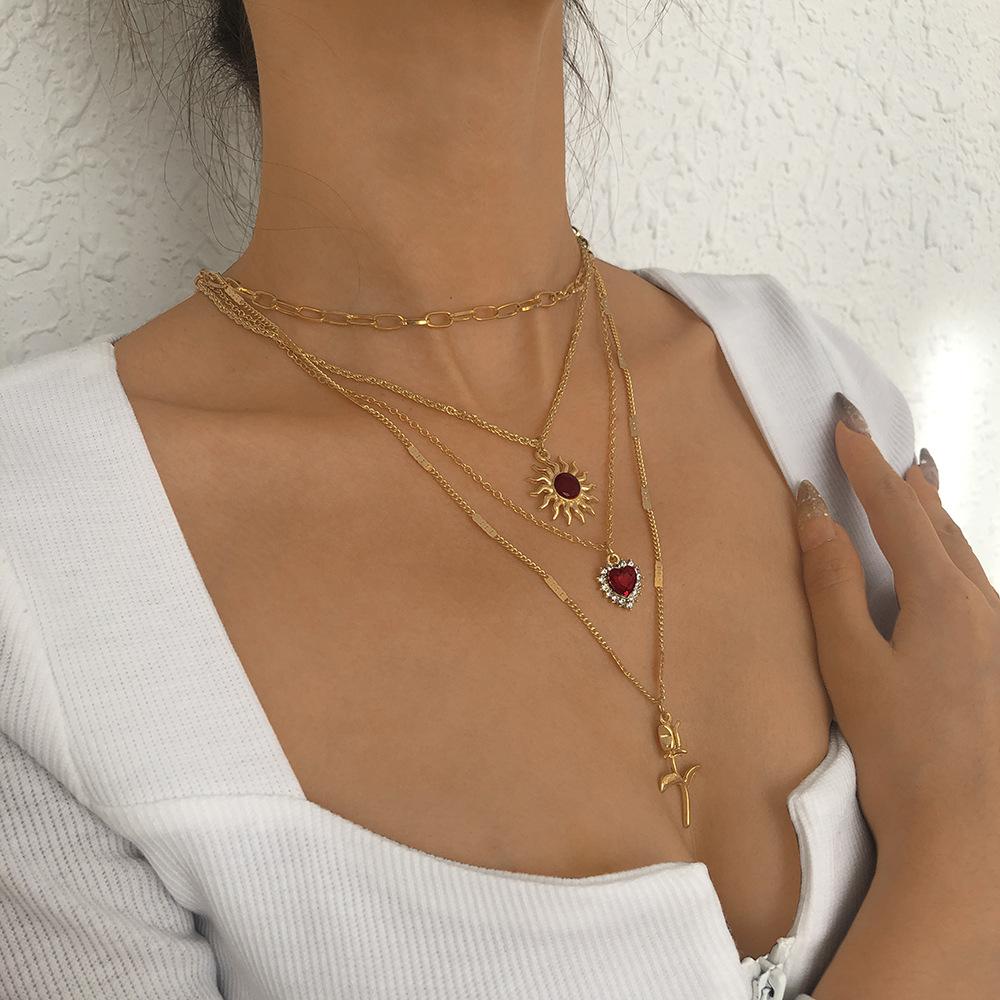 Tooxika Vintage Sun Love Heart Flower Necklace Diamonds Niche Street Fashion Necklace Women