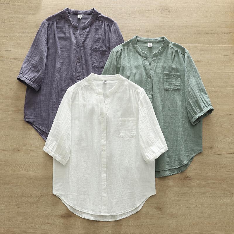 Spring Cotton Yarn Shirt Women Stand Collar Short Sleeve Solid Top Girl Fashion Pocket Retro Blouses Summer