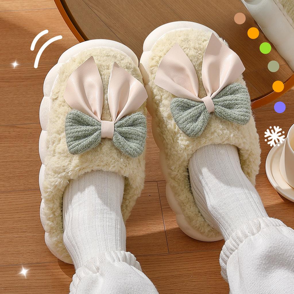 Bow cotton slippers autumn and winter new thick-bottomed indoor home non-slip warm plush slippers