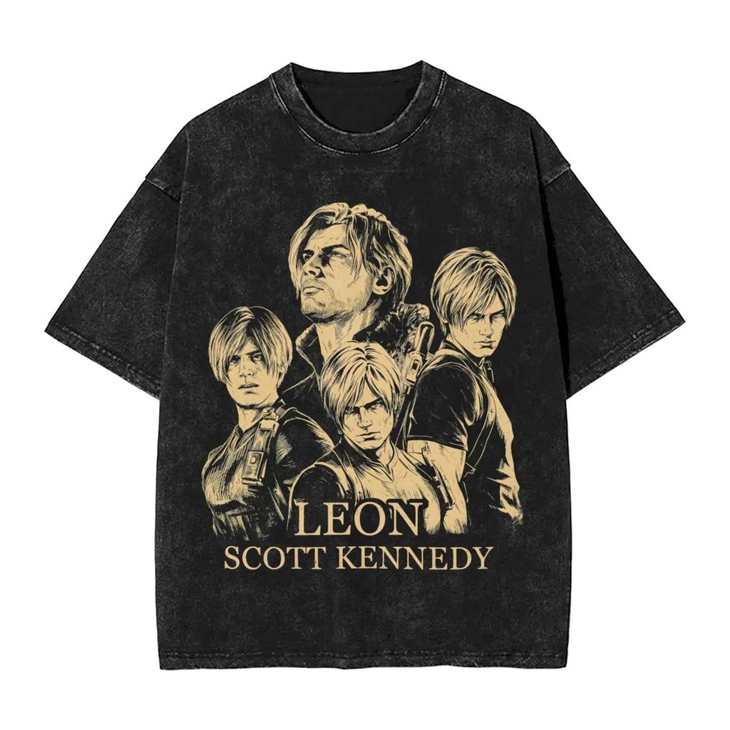 Resident Evil 9 Requiem Leon S. Kennedy Grafica 100% Cotone Unisex Lavaggio Acido Camicia 2026 Estate Nuova Uomo Y2k Maglietta a Maniche Corte