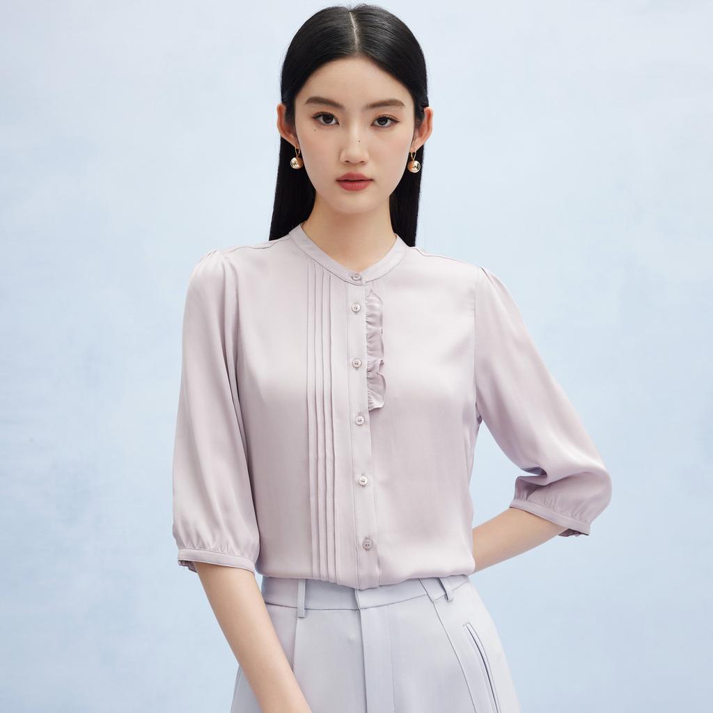 Spring and Summer New Style with Mushroom Edge Design Commuting Mulberry Silk Five Sleeve Shirt for Women