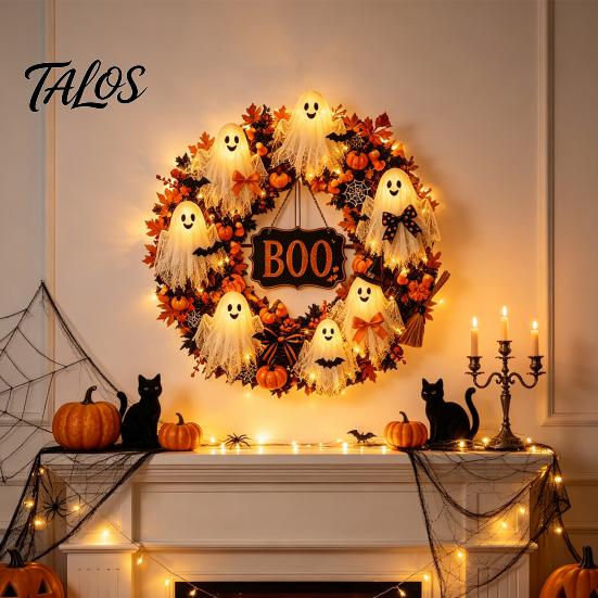 Autumn Front Door Decor Halloween Boo Ghost Wreath, Spooky Hanging Decoration with Pumpkins Artificial Fabric Wreath And Spider Webs for Porch,