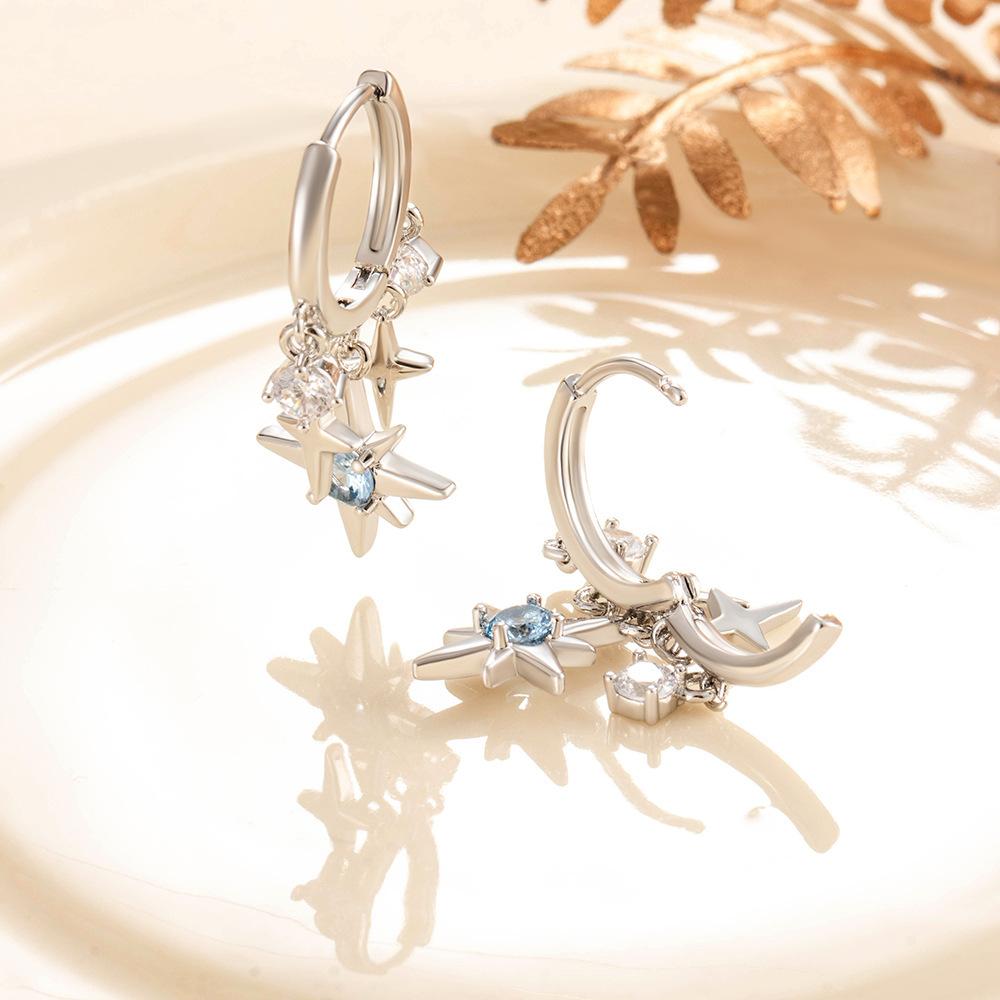 Sweet and cool wind super flash blue diamond four-pointed star fringed ear buckle niche design sense exquisite fashion temperament versatile ear