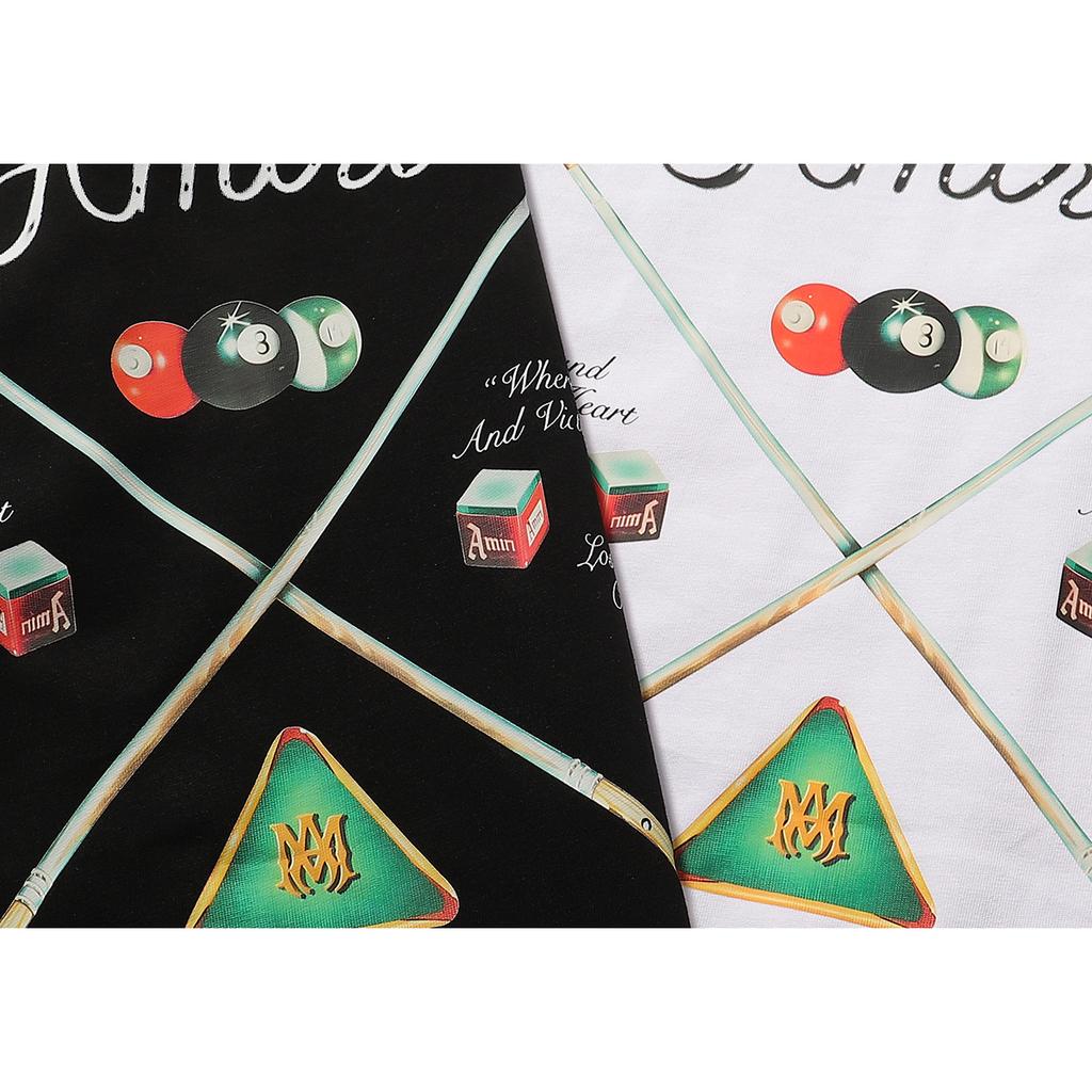 989 Amiri 2025 Summer New Men's and Women's Loose High Quality Cotton Plus Size T-shirt Couple T-Shirt Snooker Slock Print