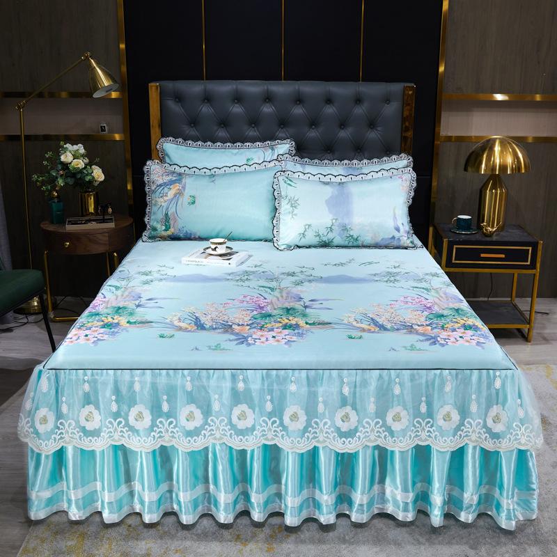 Blondertilpasset laken Luksus sengetøysett Romantisk ismatte sammenleggbare broderte laken Lin Sengetøy Queen Sengeteppe med skjørt