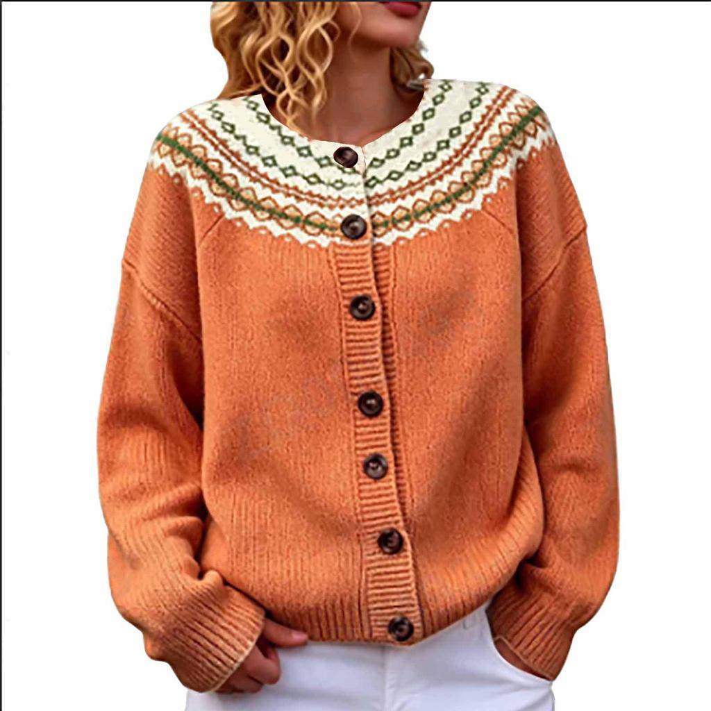 Fair Isle Color Block Single-Breasted Cardigan - Women's Autumn/Winter Knitwear