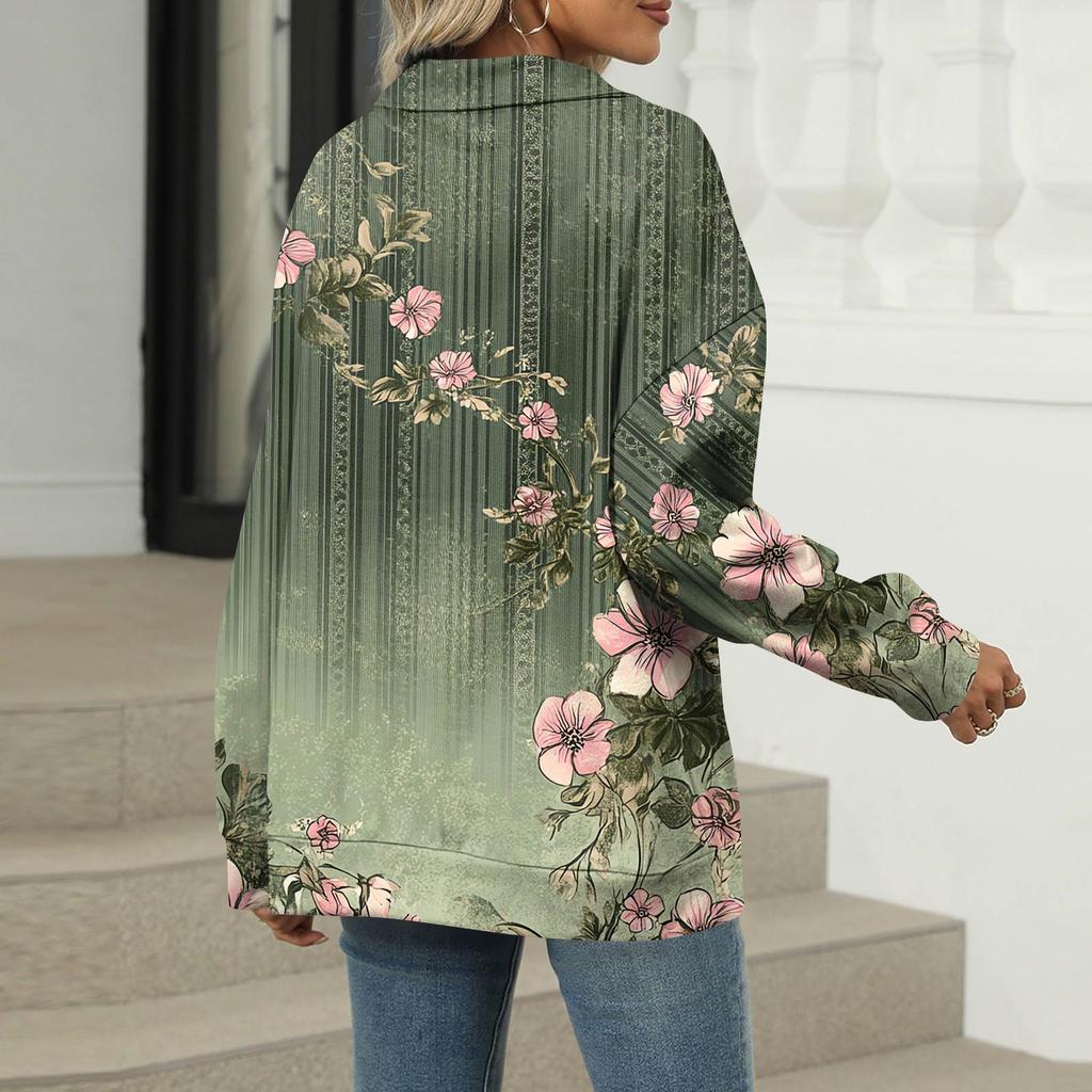 Women's Summer Fashion Casual  Printed V-Neck Long Sleeve Shirt Top