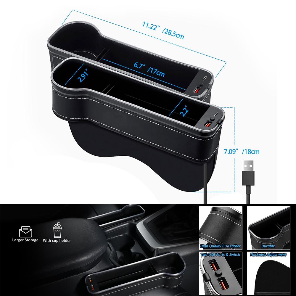 Car Seat Gap Organizer with LED Ambient Light Cup Holder Storage Box and 30W Dual USB Charging for Front Console Accessories
