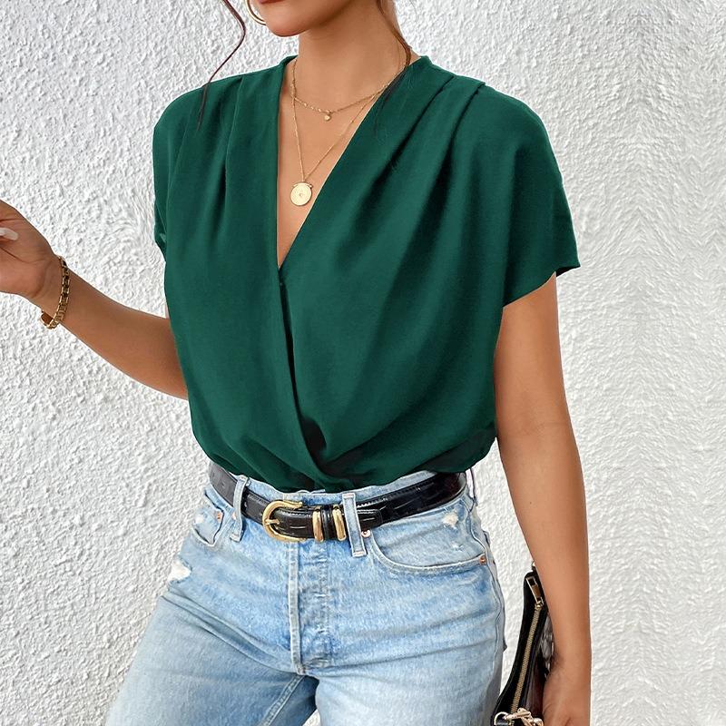 VEZFAA Women's Fashion Casual Solid Color Print Summer Spring Short Sleeve V-Neck Bodysuits