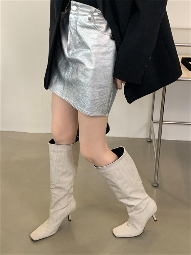 2025 new square head high heel white knight boots crocodile pattern high tube European and American knee-length boots