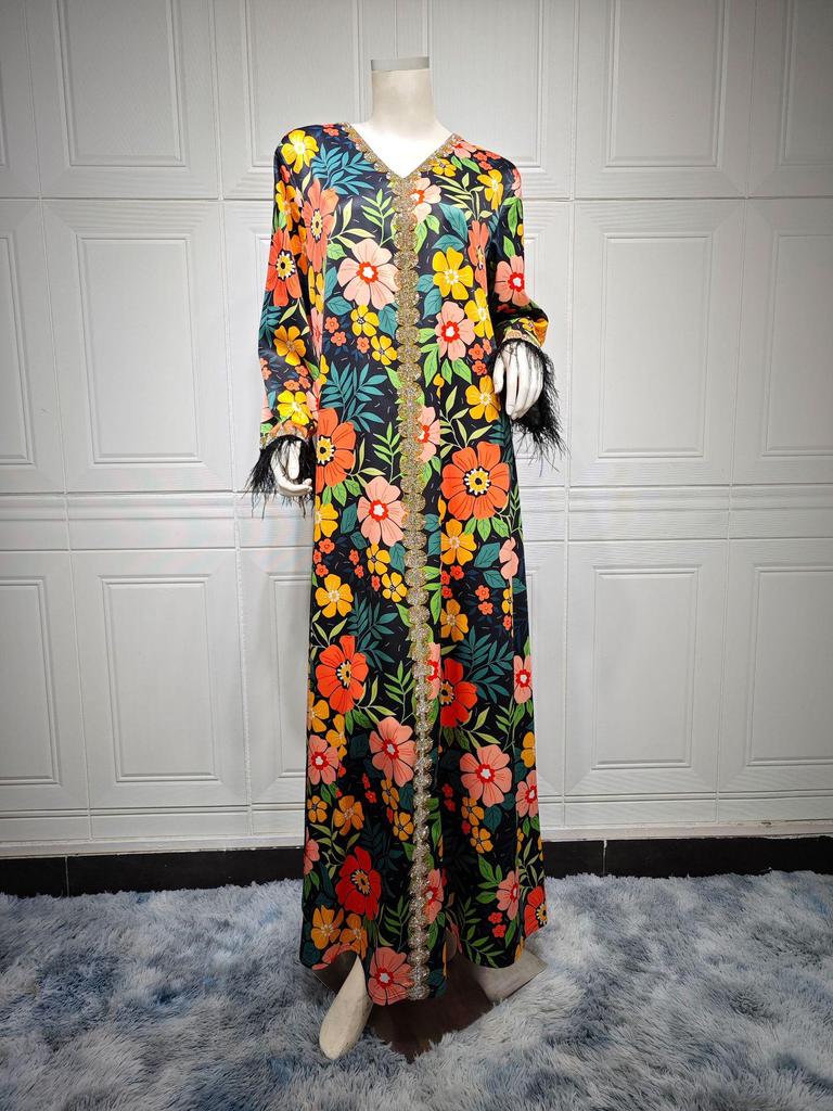 AB359 Stylish Long Robe with Feather Details: European & American Muslim Fashion