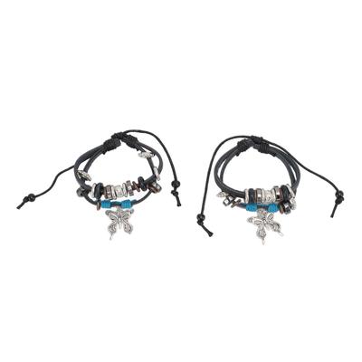 2pcs PU Leather Bracelet Fashion Woven Cuff Bracelets with Alloy Pendant for Men Women
