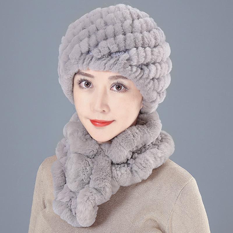 Middle-aged Rex rabbit hair hat female autumn and winter warm elderly grandmother ear protection fur mother wool scarf