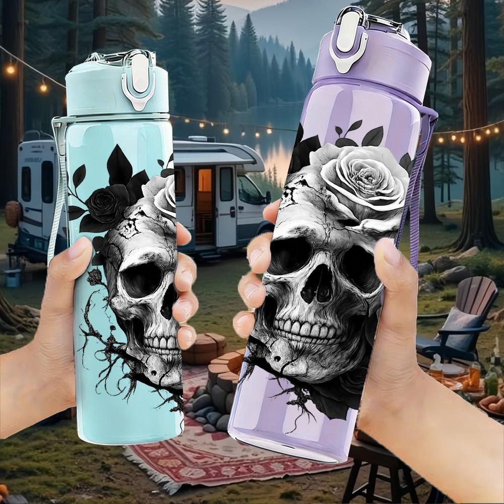 1PC Dark Rose Skull Art 750ml Color Plastic Sports Water Bottle Leakproof Flip Straw Lid Suitable for Sports Office Home Use
