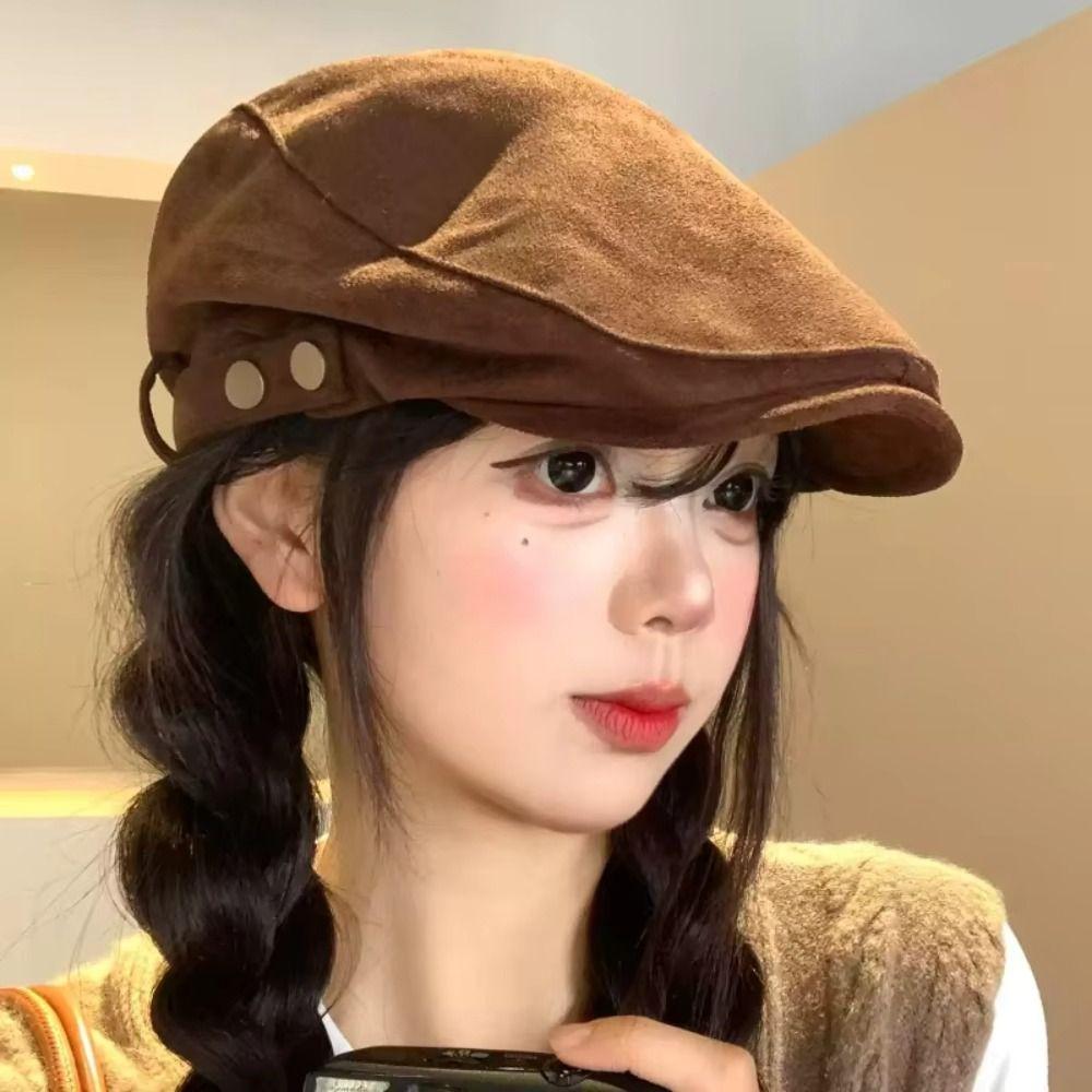 Metal Button Newsboy Cap Slim Face Painter Beret Casual Beret Cap Winter