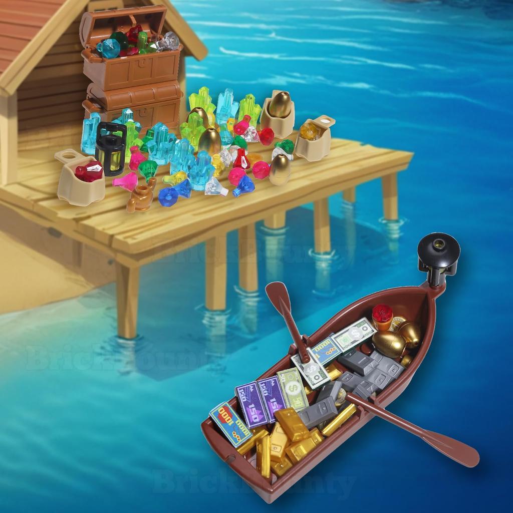 BrickBounty 220 Pirate Treasure Building Wooden Expedition Treasure Gold Bullion Paper and Coins Blocks, Boat, Map, Chest, Money, Diamonds, Crystals,