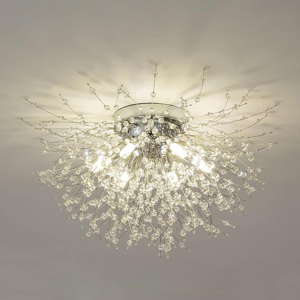 6-Light Sputnik Flush Mount Ceiling Light Fixture, Modern Chrome Crystal Firework Ceiling Lights, Close to Ceiling Lamp for Bedroom Kitchen Hallway