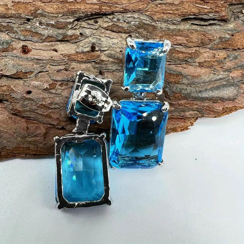 Luxuriöse Vintage Quadratische Blaue Zirkon Anhänger Ohrringe Für Damen Mode Raffiniert Boho Party Hochzeitsgeschenk Accessoires