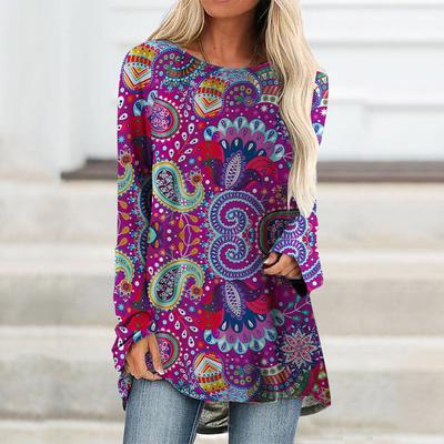 Damski T-shirt Plus Size z Magiczny Wzór Nadrukowany Wygodny z Długim Rękawem Okrągły Dekolt Casualowy Luźny Średniej Długości Top na Boże Narodzenie
