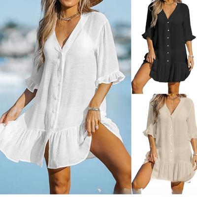 Summer Ruffle Edge Dress Solid Color Beach Sunscreen Cover for Women