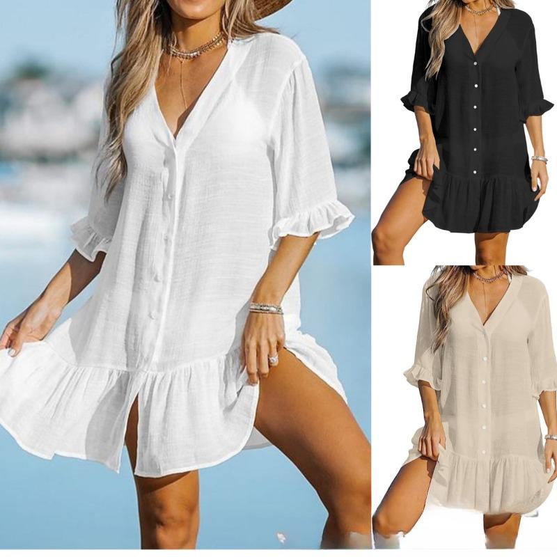 

Summer Ruffle Edge Dress Solid Color Beach Sunscreen Cover for Women S білий