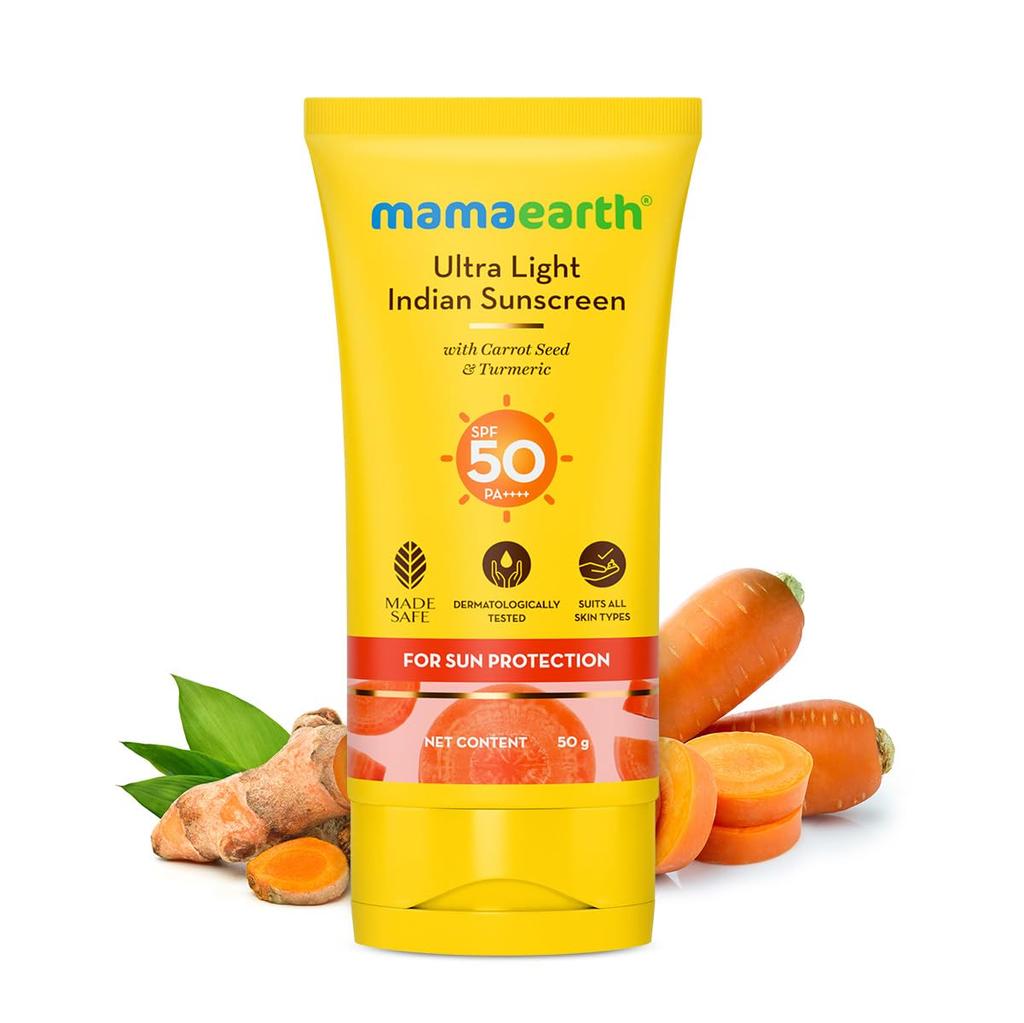 Mamaearth Ultra Light Sunscreen SPF 50 PA++++ | Tan Protection, No White Cast, Non-Greasy, Quick Absorbing, 50g For All Skin Types