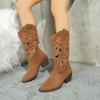 Fashion Casual Hollow Out Mid Calf Western Cowboy Boots Women 2025 Pointed Toe Medium Heel Riding Boots Fashion Music Festival Shoes
