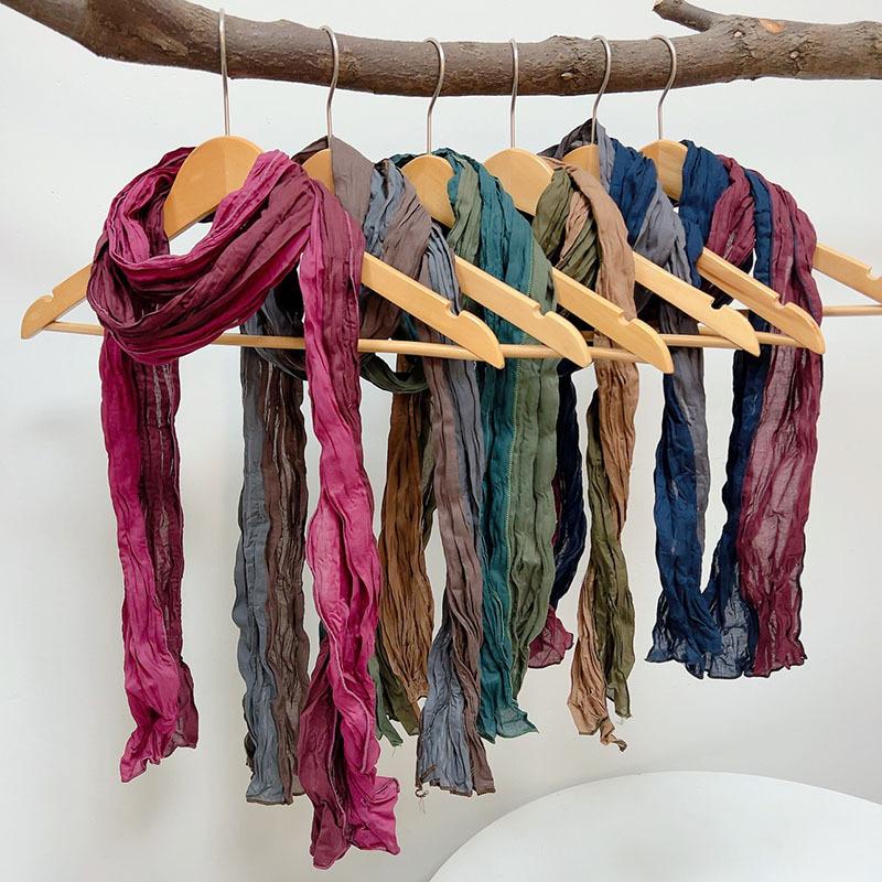 Color Matching Splicing Pleated Scarf Thin And Narrow Long Style Warm Contrasting Color Spring And Summer Neck Protection Sun Protectiona