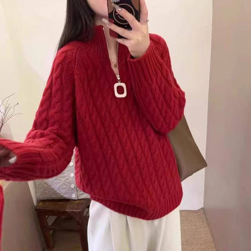 Women's Thickened Half-Zip Pure Wool Sweater - Loose Fit Cashmere Inner Layer, Autumn/Winter Style.