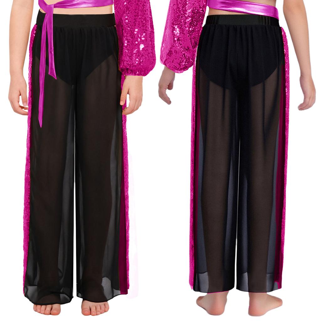 Wedstrijddansbroeken voor meisjes: Elastische Taille Pailletten Patchwork Chiffon Wijde Pijpen Broek voor Lyrische Optredens