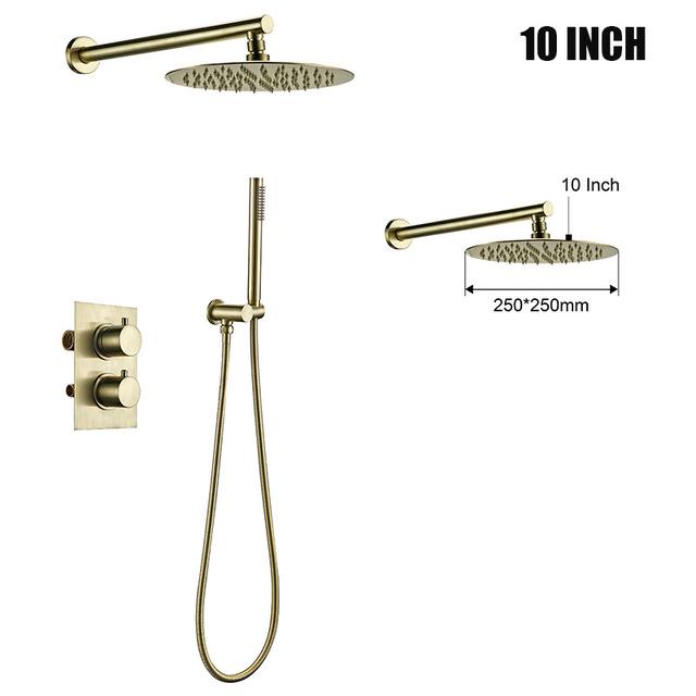Bursh Gold Thermostatic Shower Faucet Set Bathroom System With Rain Handheld Wall Mount Luxury Mixer Tap With Conceal Diverter