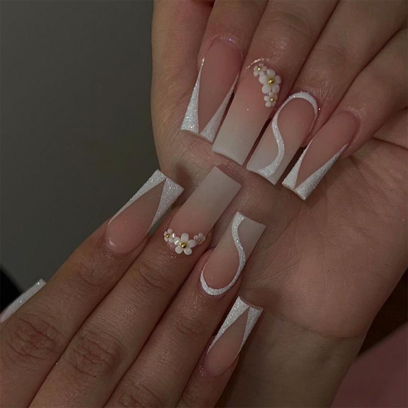 24Pcs Long Coffin Leopard Print Press On Nails With Glue Sweet Cool Diamond Floral French Fake Nail Tips Set