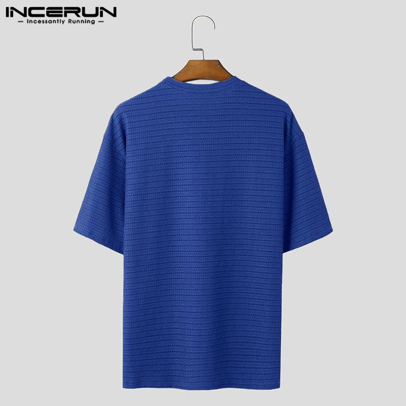 INCERUN Men Round Neck Short Sleeve Tops Solid Color Texture T-shirts