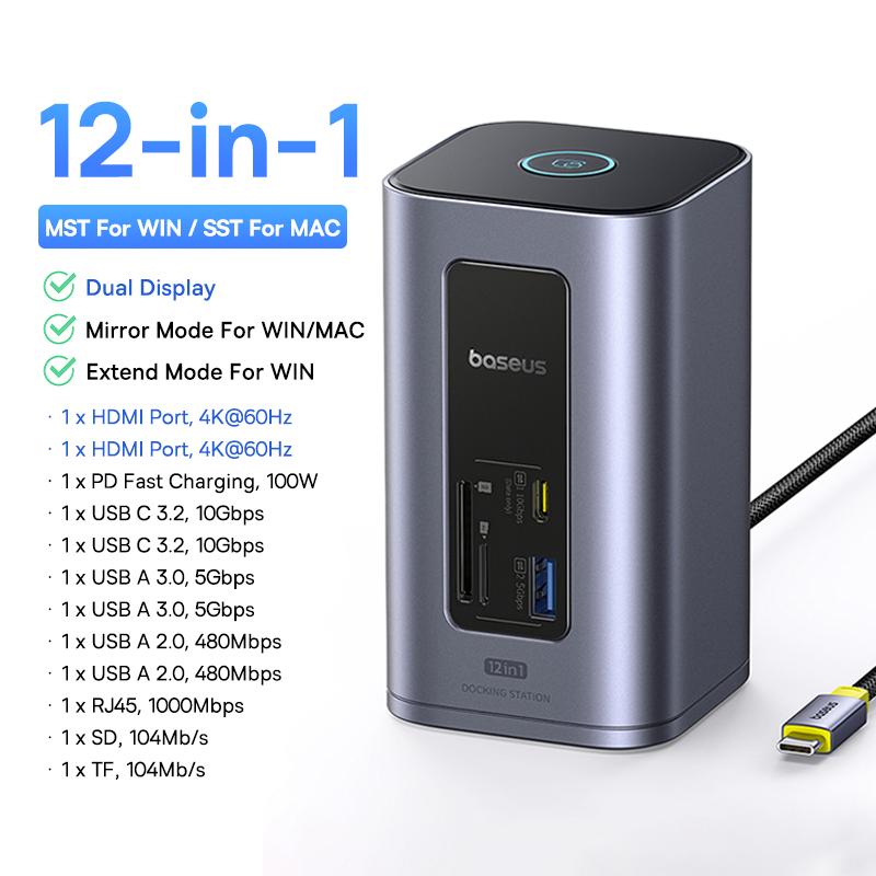 Baseus 12-в-1 USB C Хаб-адаптер к HDMI 4K@60Hz, двойной дисплей, USB 3.2, с RJ45, SD, TF, PD 100W, док-станция для Window Mac