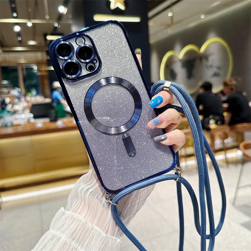 Magnetické pouzdro Crossbody Lanyard Gradient Glitter pro iPhone 14 13 12 11 Pro Max /Samsung S23 S22 Ultra S21 Plus Magsafe Plating Soft TPU zadní kryt
