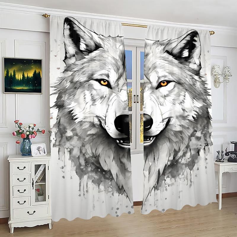2pcs- Sketch Wolf Head Polyester Curtains, Pole Bag Curtains 42*84, Bedroom, Living Room, Home Room Decoration