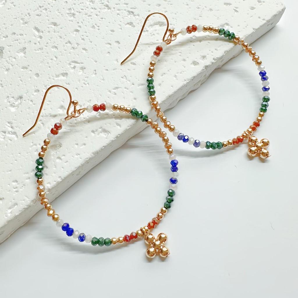 European and American Crystal Beaded Hoop Earrings – Versatile Color-Blocking Glass Christmas Fashion Accessory