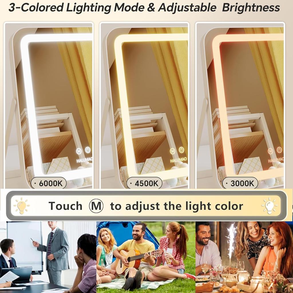 Vanity Mirror with Lights, 14.5" Light Up Makeup Mirror, LED Makeup Mirror with Lights for Bedroom Tabletop, Smart Touch Control 3 Colors Dimmable,