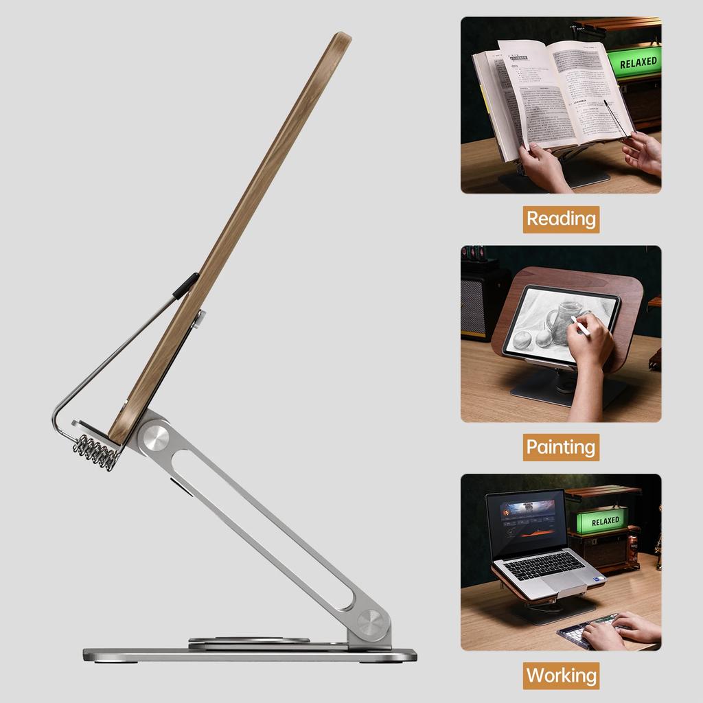 Bisofice Desktop Book Stand Wooden Panel & Page Clips Foldable and Angle for Reading with 360° Rotating Base for Textbook