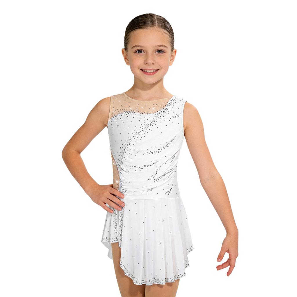 Girls Figure Skating Dress Sleeveless Sparkly Rhinestones Ruched Mesh Built In Briefs Dancewear