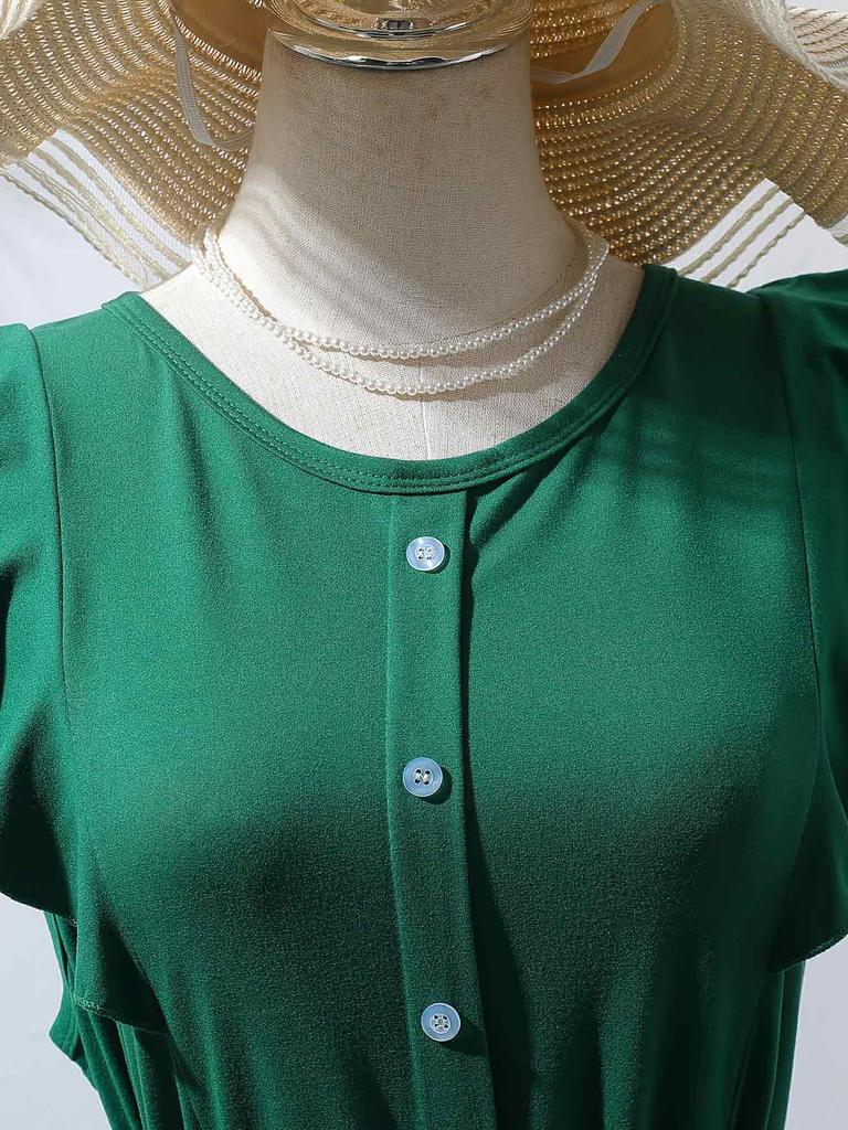Women's Summer Floral Hi-Low Dress ,Ruffle Sleeve Green Dress with Belt, Casual Boho High Waist Long Dresses