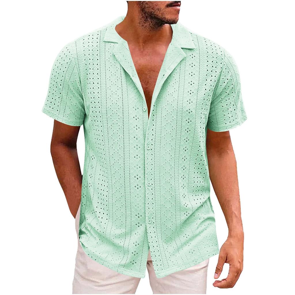 Men's Casual Fashionable Short-sleeved Shirt - Men's Mesh Fabric Lightweight And Breathable Retro Shirt