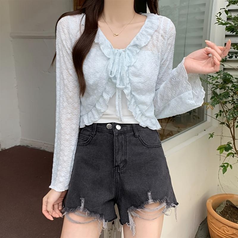 Elegante e Carino Cardigan Sottile con Laccetti e Pizzo, Top Sottile Traspirante con Maniche Lunghe in Chiffon e Volant per Donna, Mantellina Estiva