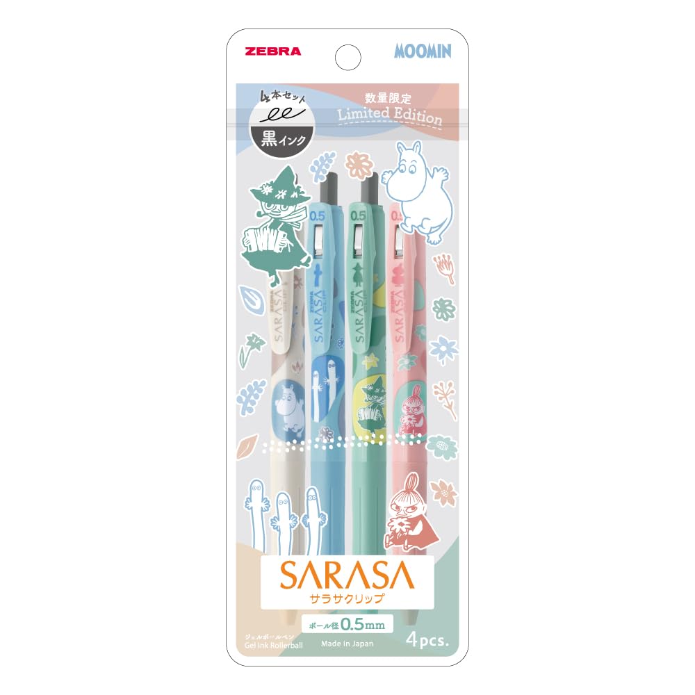 Zebra Sarasa Clip Moomin Gel Ballpoint Black Pen, 0.5mm, Ink, 4-Color Set, JJ29-MM-4C