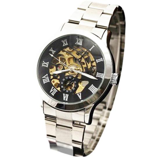 Luxury Men's Roman Numerals Tungsten Steel Mechanical Skeleton Wrist Watch