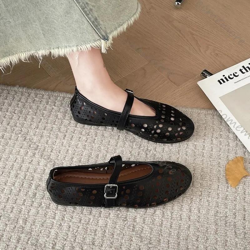 Fashion Comemore Women Flats Shoes Spring Summer New Buckle Loafers Hollow Round Toe Women Sole Single Shoes Ballet Mary Jane Flat Shoes