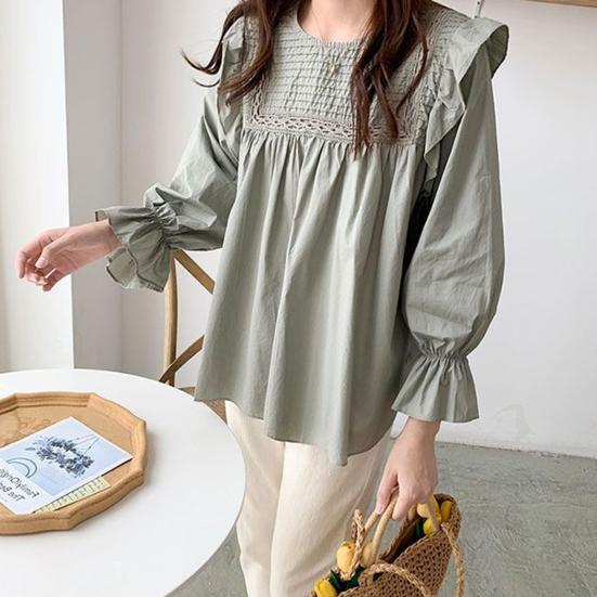 Women Shirt Round Neck Lantern Long Sleeve Pullover Tops Solid Color Loose Fit Ruffle Trim Pleated