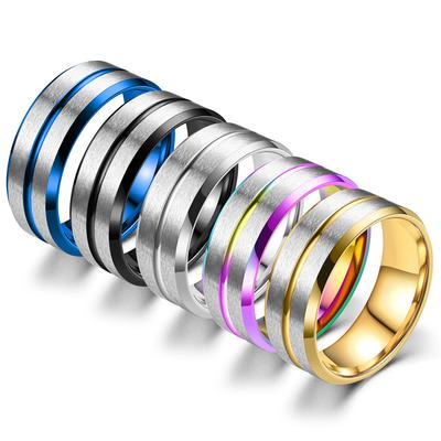 Fashion 8mm Men Stainless Steel Rings Gold Color Rainbow Groove Beveled Edge Wedding Engagement Ring For Men Anniversary Jewelry